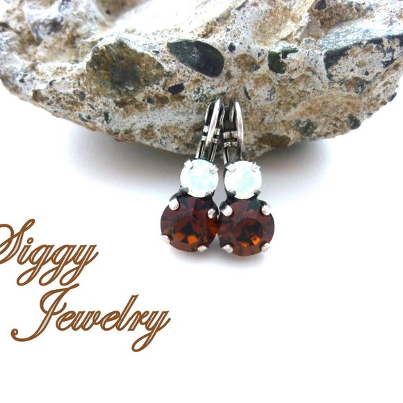 Swarovski Crystal Double Drop Lever Back Earrings in Smoked Topaz and White Opal - Picture 5 of 5